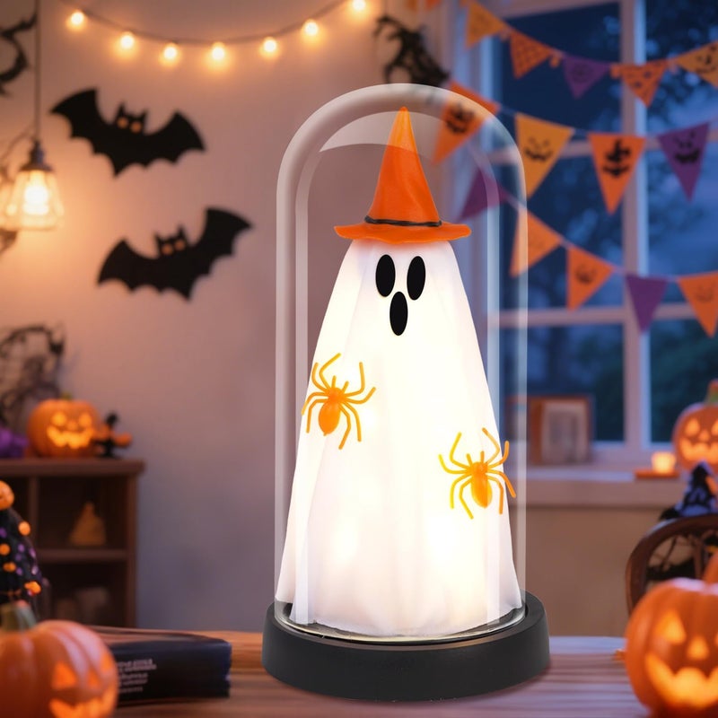 Tayfeim Halloween Decor-Halloween Decorations Indoor-Light Up Ghost in Glass Cloche-Cute Ghost with Light for Home Kitchen Mantel Tabletop Party Decor- Ghost-Orange - Image 1
